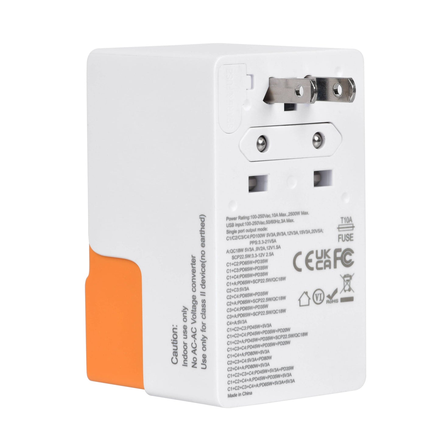 Side view of DOACE FC-T100C1 GaN travel adapter in orange, highlighting AC plug and detailed power ratings for global use.