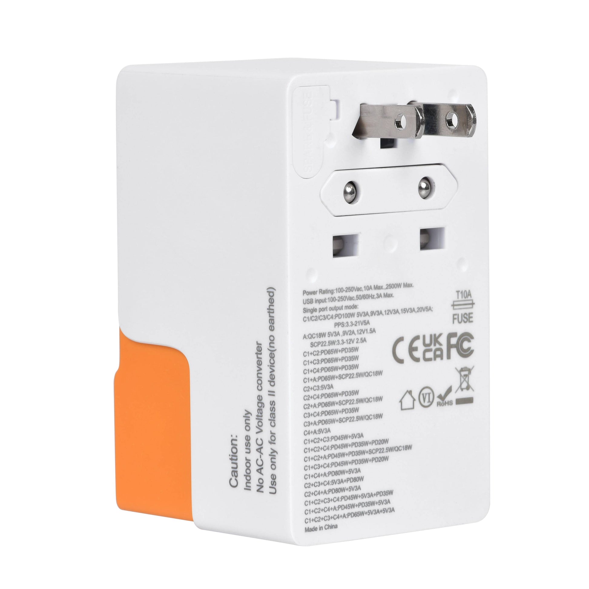 Side view of DOACE FC-T100C1 GaN travel adapter in orange, highlighting AC plug and detailed power ratings for global use.