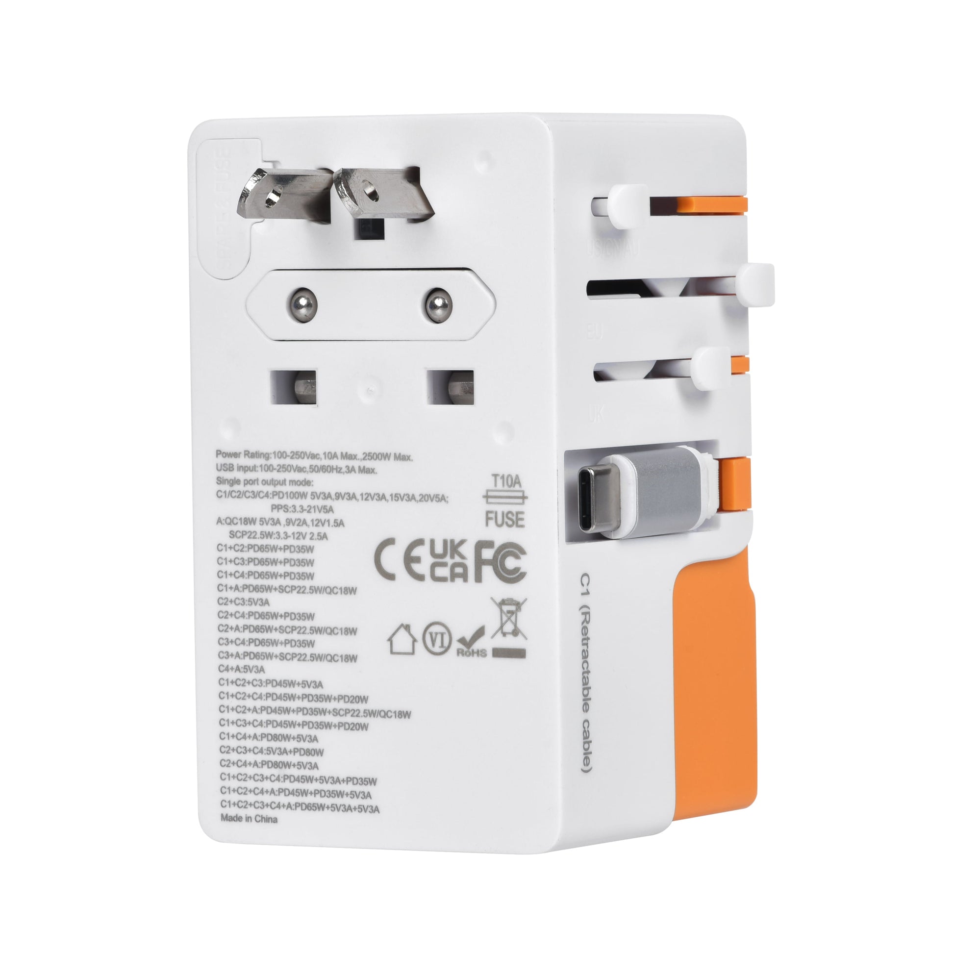 Back view of orange DOACE FC-T100C1 GaN travel adapter showing AC plug, safety certifications, and power specifications.