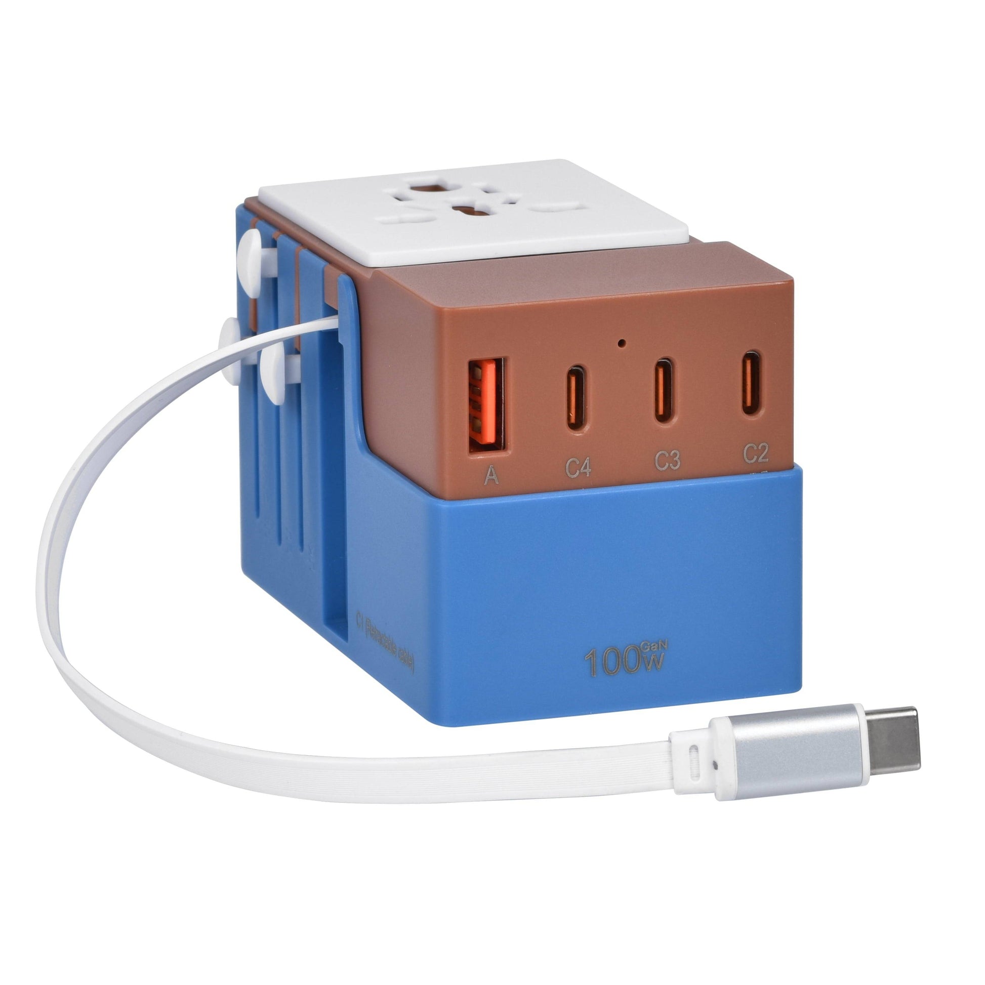 Blue DOACE FC-T100C1 GaN travel adapter with 4 USB-C and 1 USB-A ports, retractable cable, and 100W fast charging support.