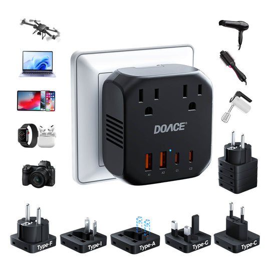 DOACE C15 2000W Voltage Converter with Worldwide Plug Adapters & Fast Charging Ports