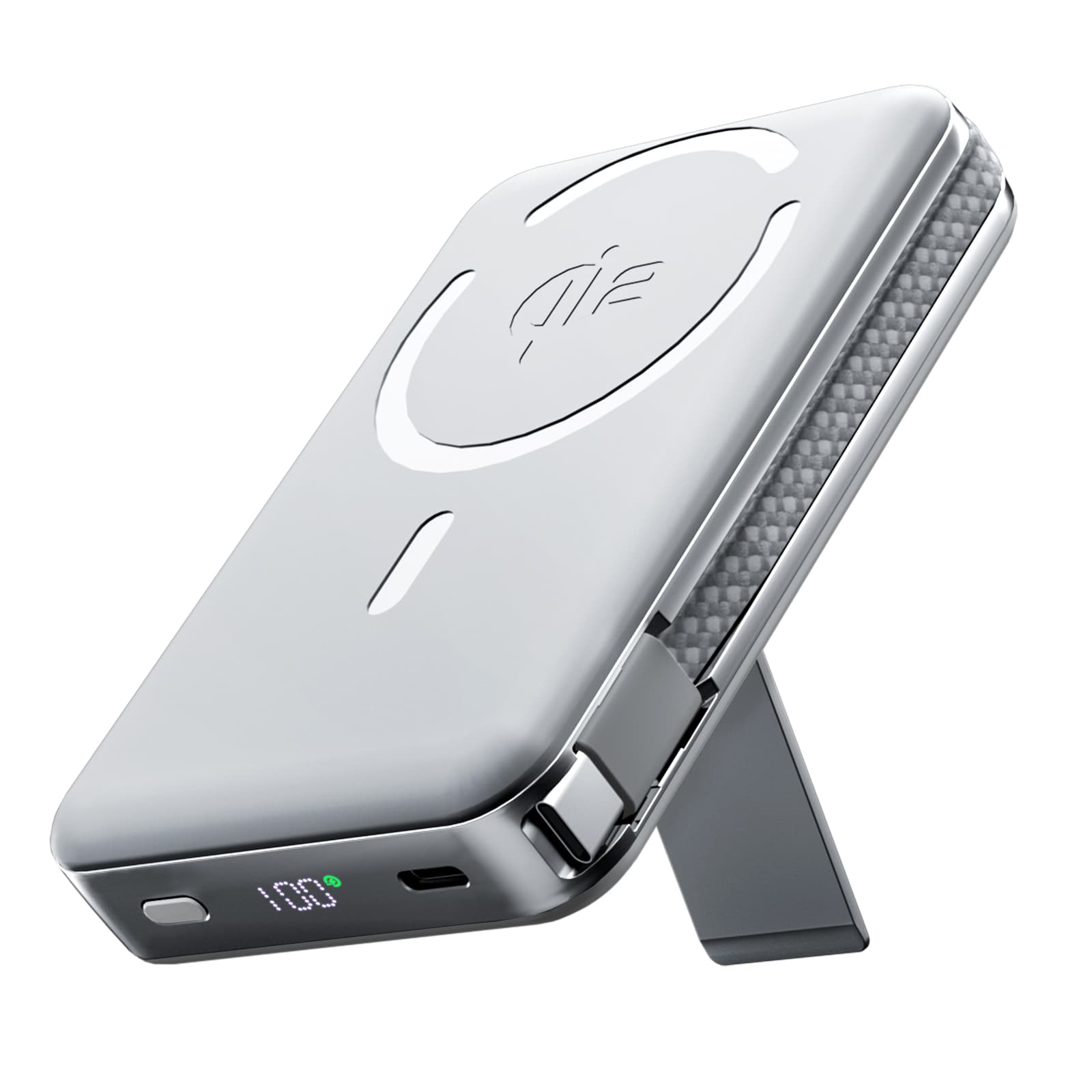 Silver QI2 Travel Magnetic Wireless Power Bank with integrated kickstand and LED display, compact and travel-ready design.