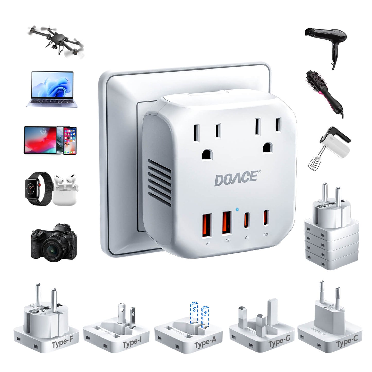 White DOACE 2000W travel converter with global plug adapters, powering multiple electronics like laptops, cameras, and hair dryers.