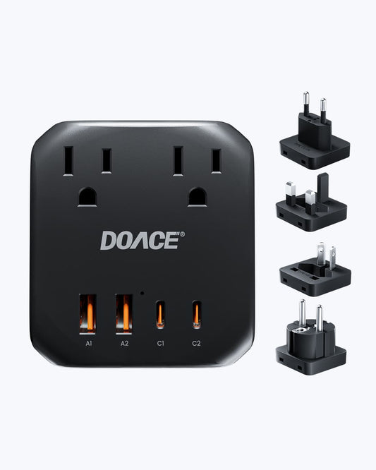 DOACE 2000W Voltage Converter with global plug adapters and 4 fast-charging ports, ideal for international travel power needs.