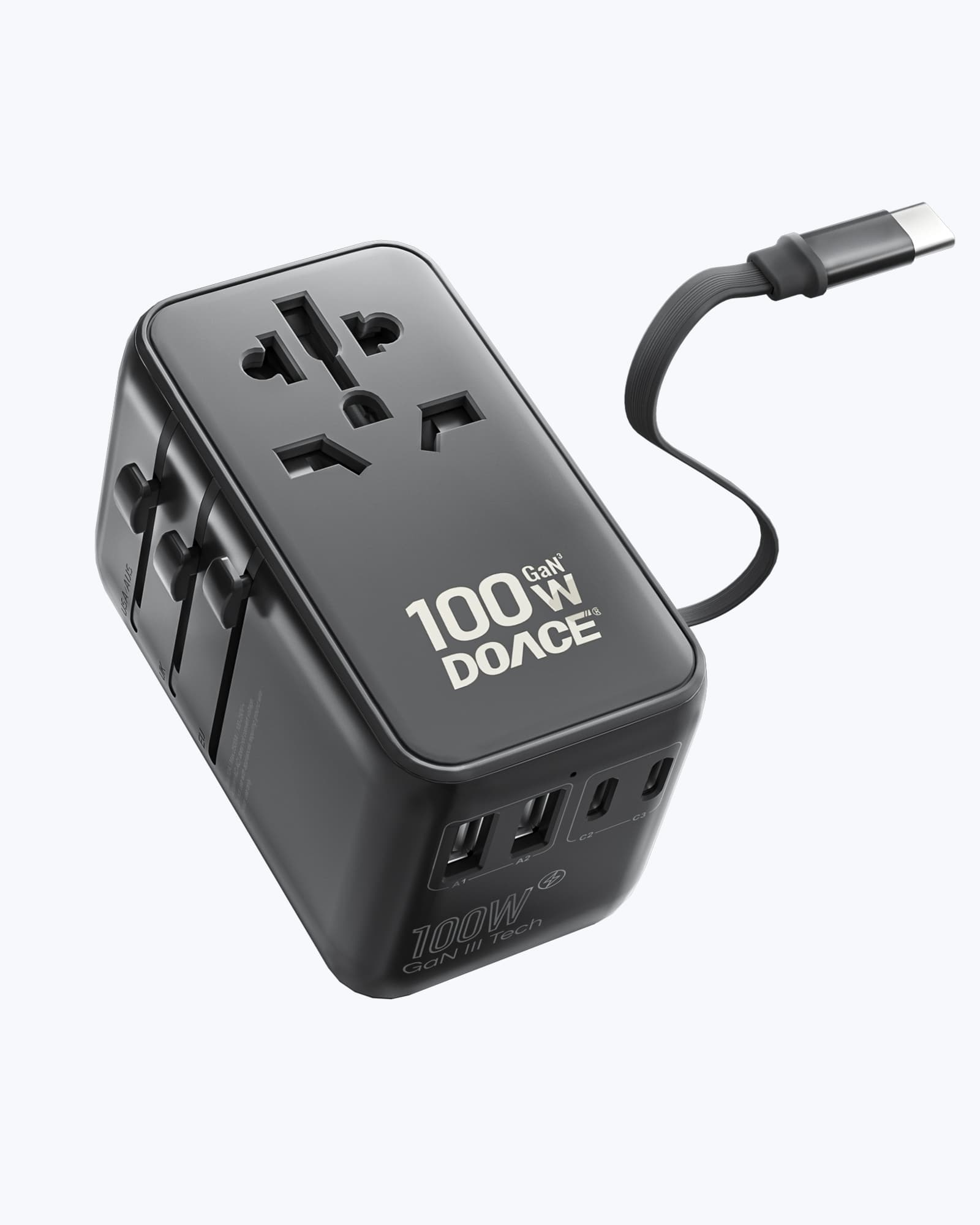 Black GaN 100W Travel Adapter with built-in USB-C cable and universal plug support for 150+ countries. Ideal for charging multiple devices abroad.
