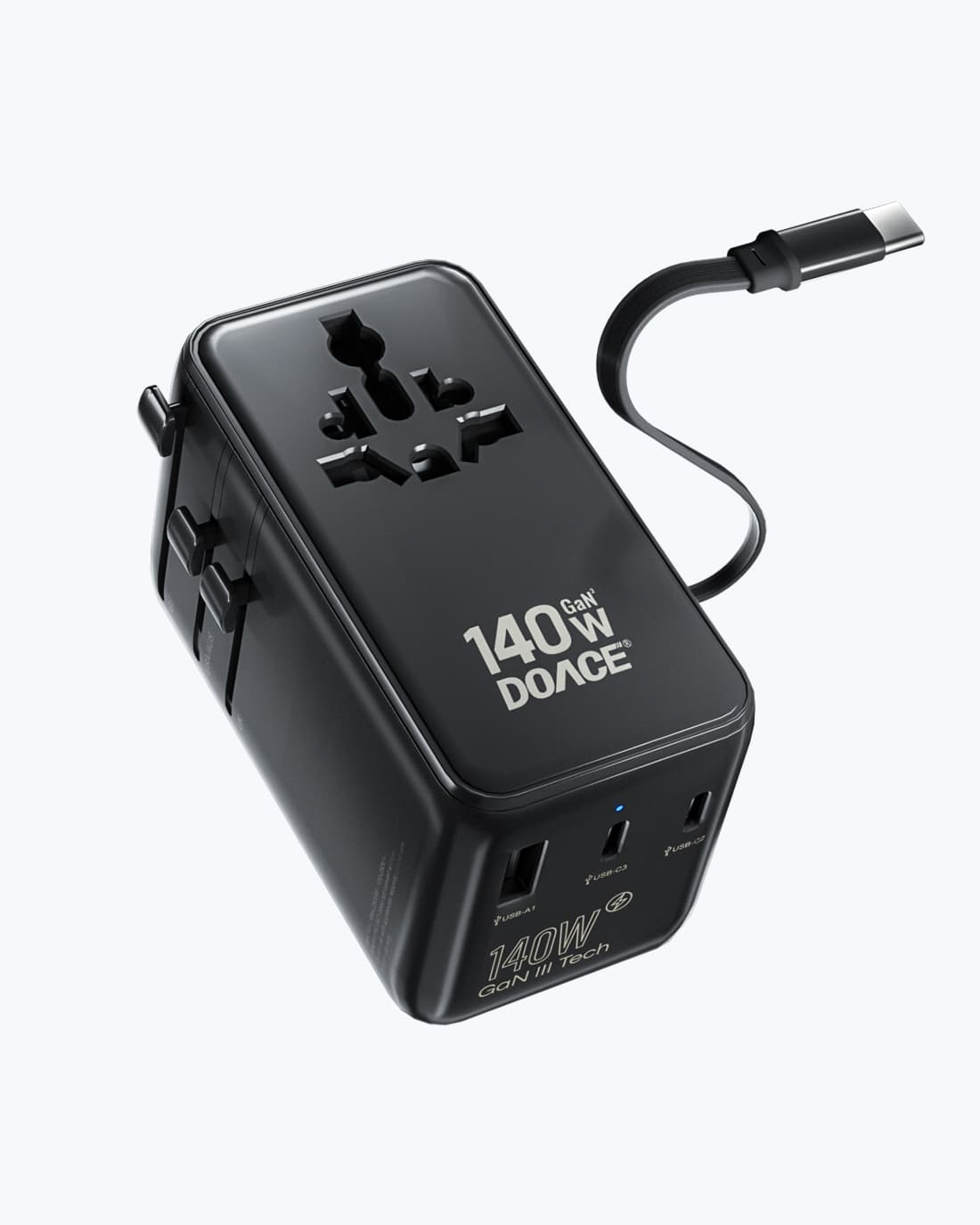 DOACE 140W Universal Travel Adapter with built-in USB-C cable and multiple plug types for global use. Compact 6-in-1 power adapter for fast charging.