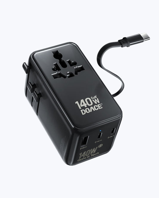 DOACE 140W Universal Travel Adapter with built-in USB-C cable and multiple plug types for global use. Compact 6-in-1 power adapter for fast charging.