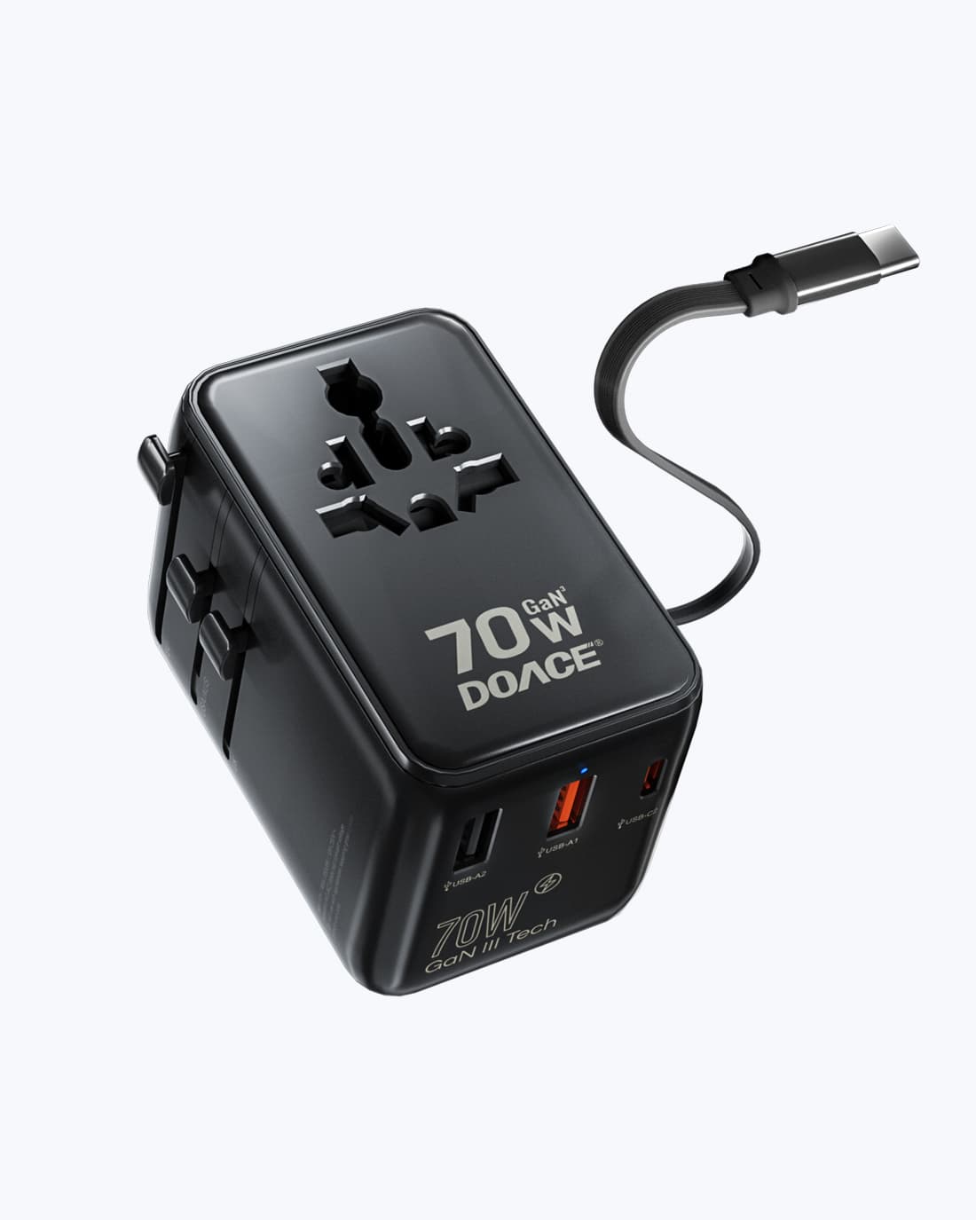 DOACE GaN 70W Travel Adapter with 6-in-1 ports and retractable USB-C cable for fast charging multiple devices internationally.