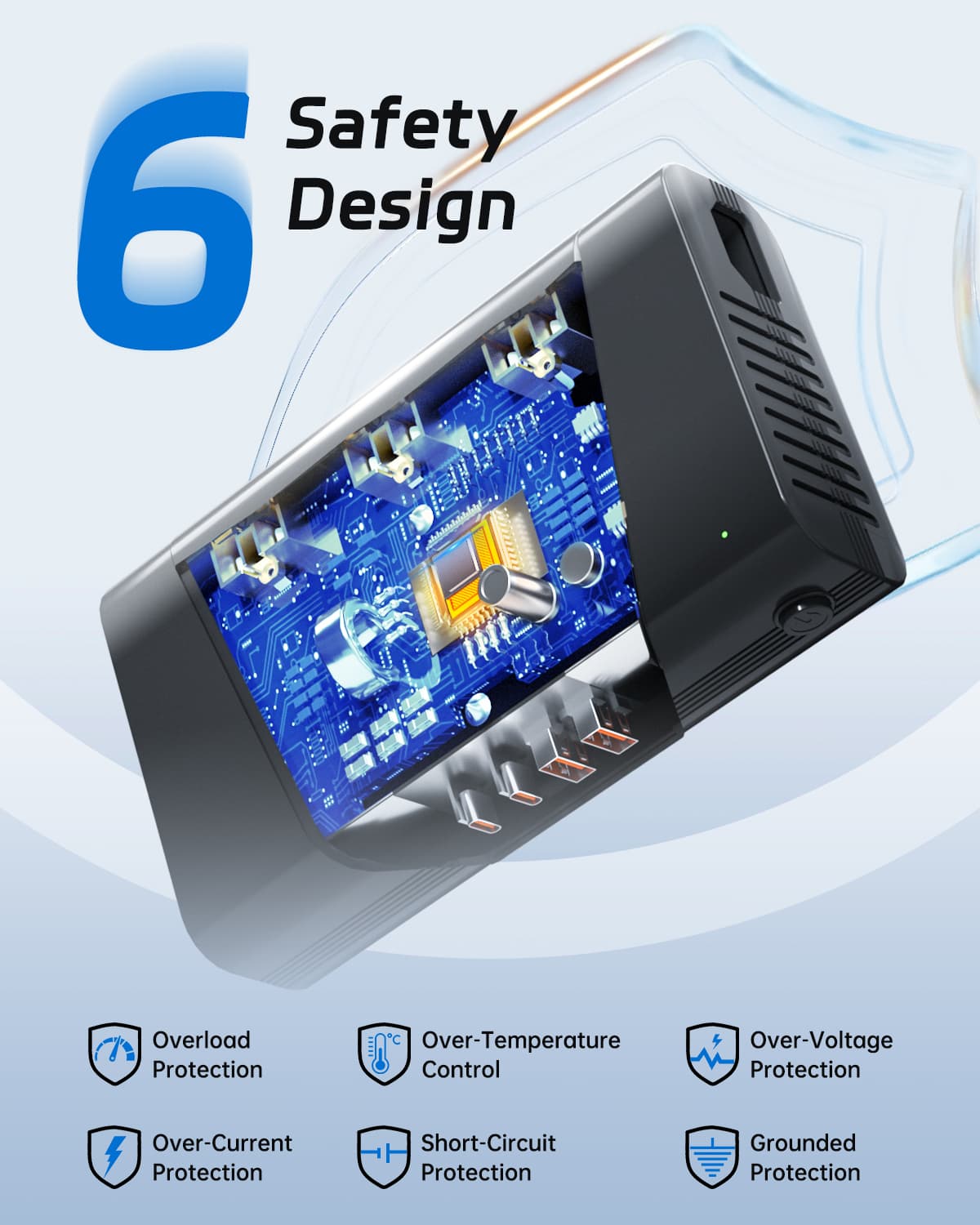 DOACE 800W Travel Voltage Converter with 6 safety protections including overload, over-voltage, and short-circuit for secure usage.