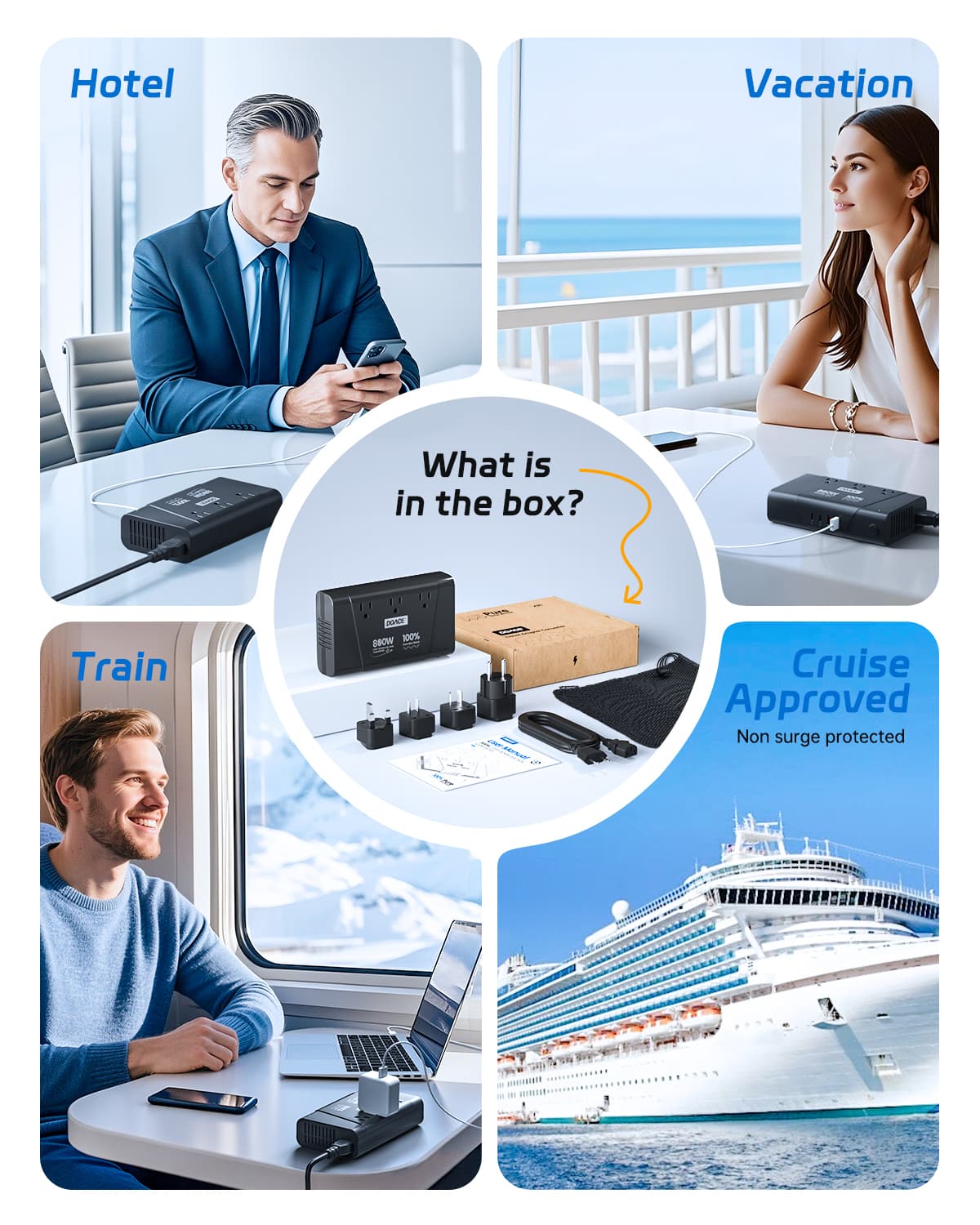 DOACE 800W Travel Voltage Converter ideal for hotel, cruise, train, and vacation use with included plug adapters and accessories.