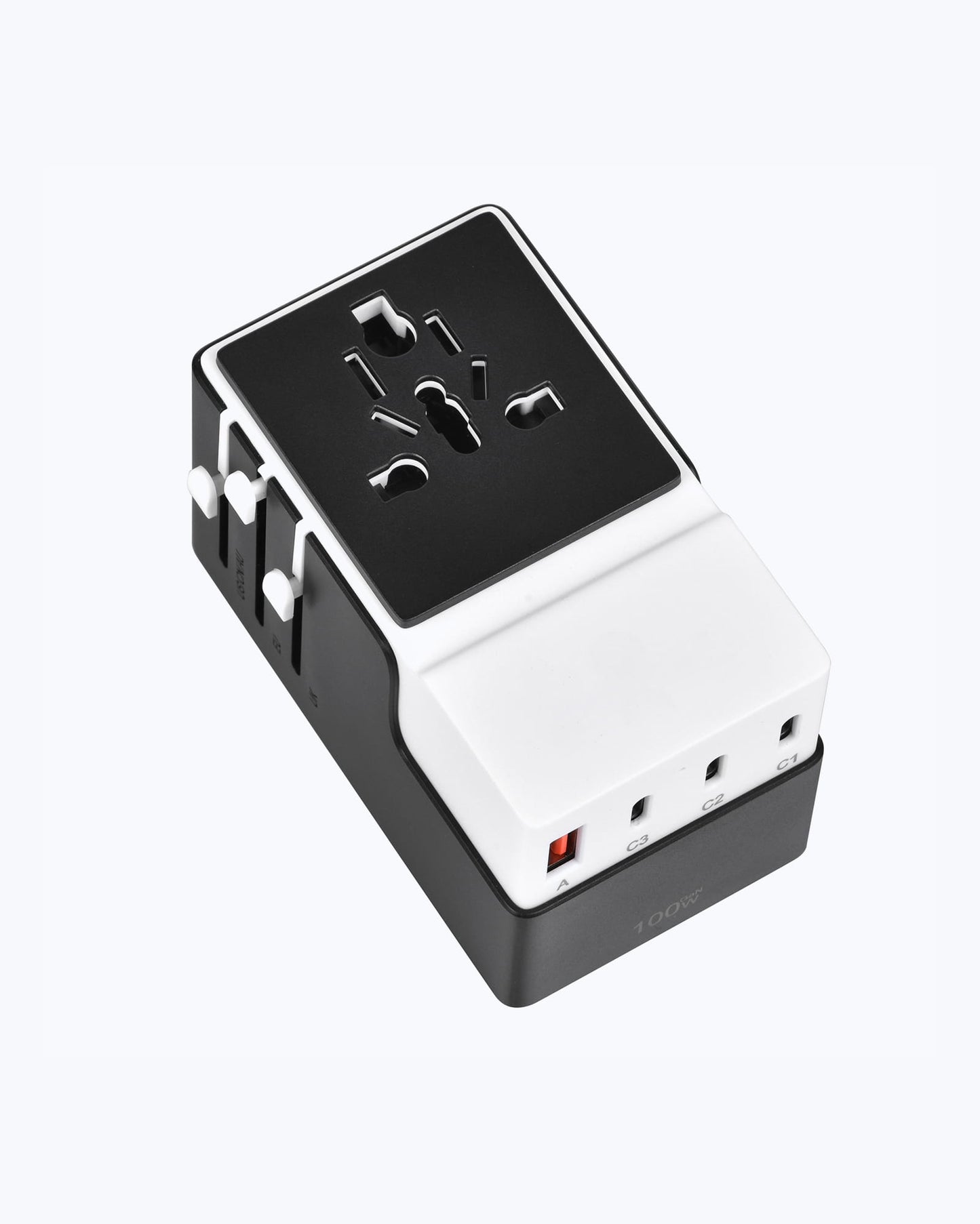 DOACE FC-T100 universal travel adapter in black and white, featuring 100W GaN PD, USB-C/USB-A ports, and global plug compatibility.