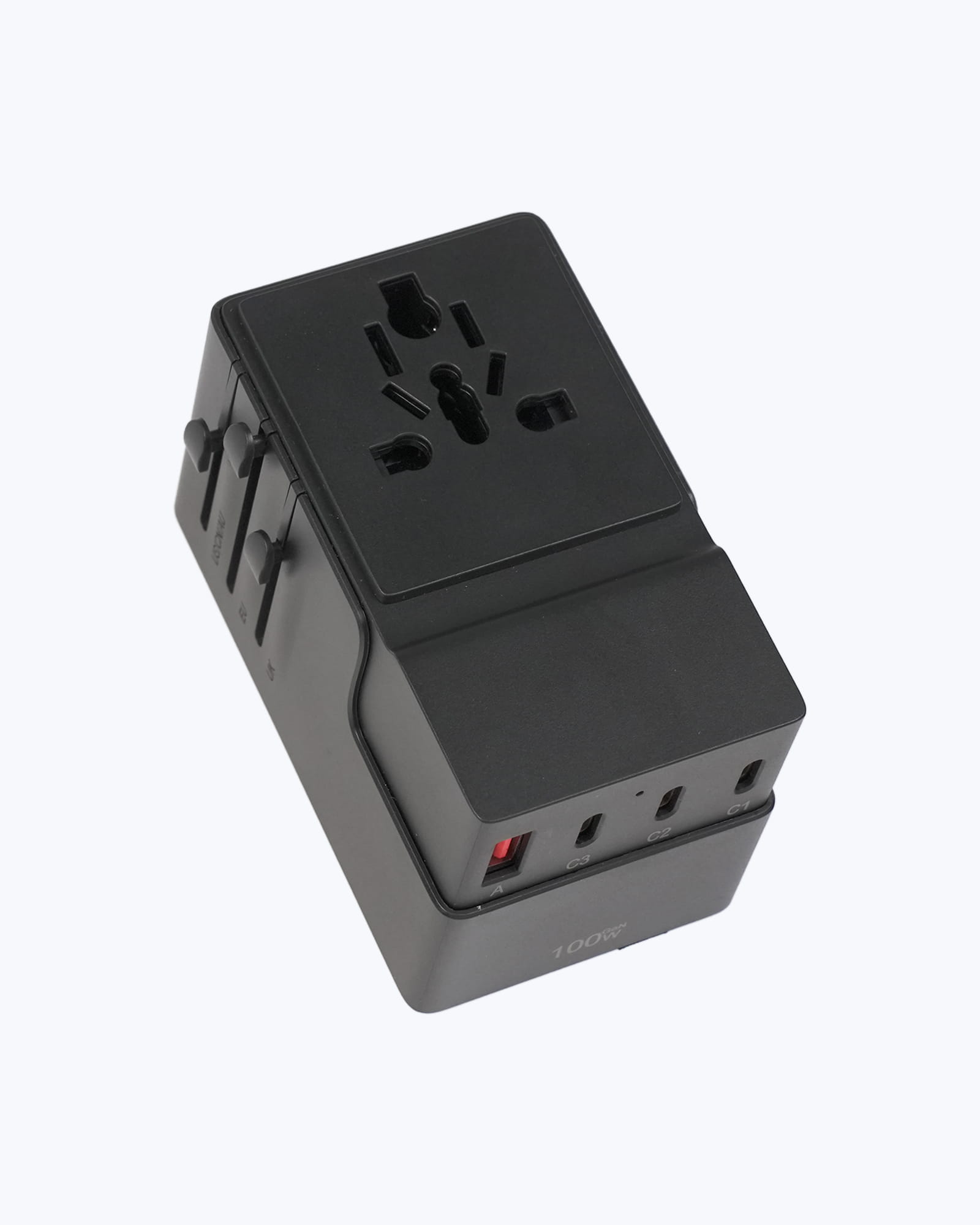 DOACE FC-T100 100W GaN travel adapter in black with universal AC socket, 3 USB-C and 1 USB-A ports for fast global charging.