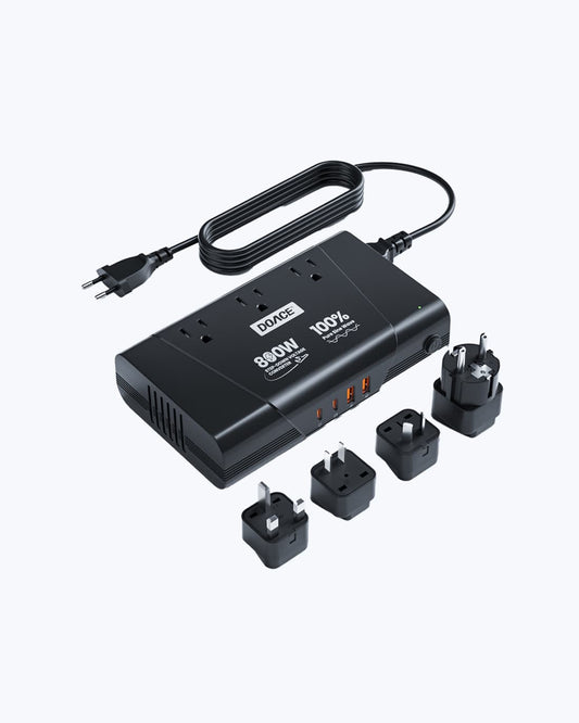 DOACE 800W Travel Voltage Converter & Adapter with 4 international plug types and 7 charging ports for global travel use.