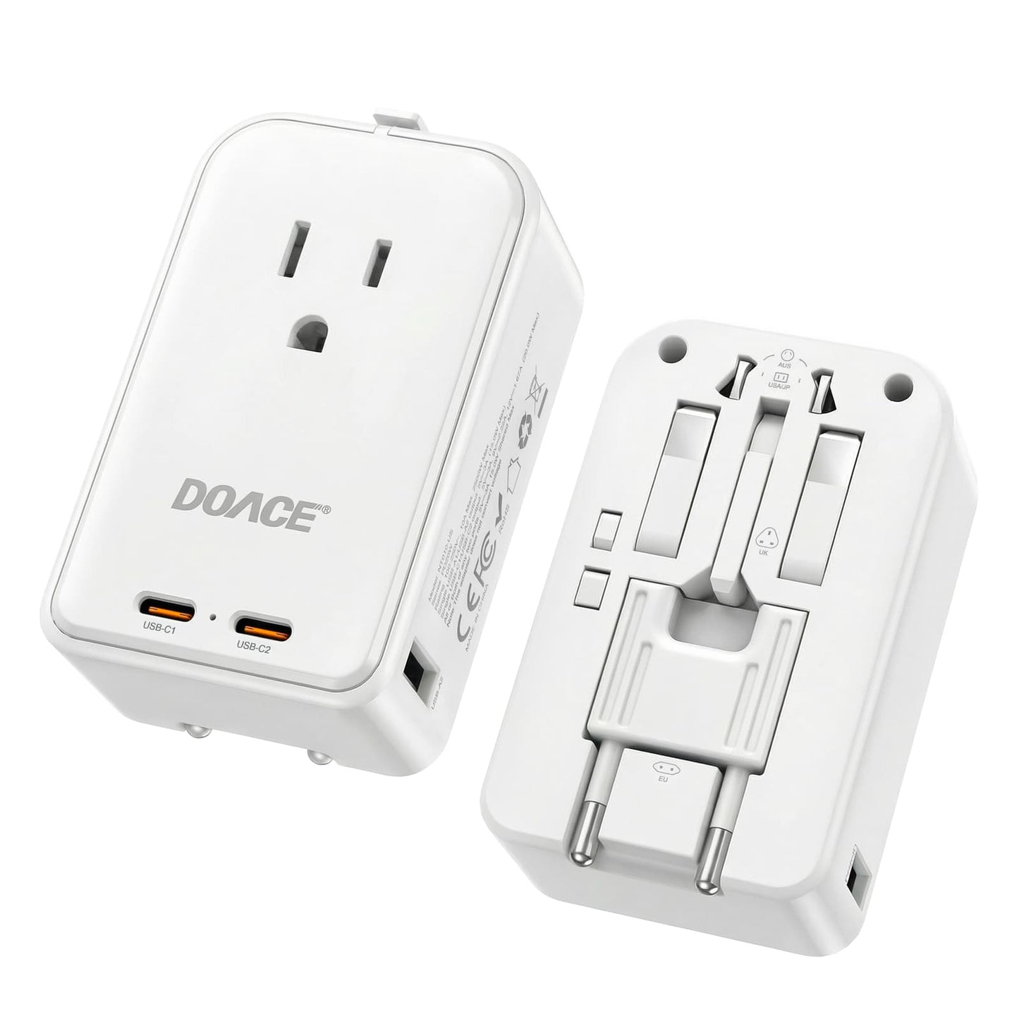 White DOACE Pico 5-in-1 universal travel adapter with foldable plug
