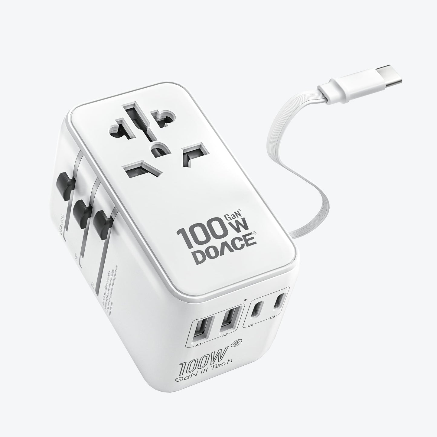 DOACE GaN 100W International Power Adapter with Built-in Type-C Cable