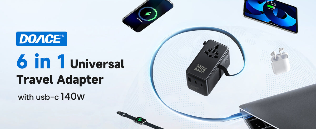 DOACE 140W GaN travel adapter for high-power laptop charging abroad