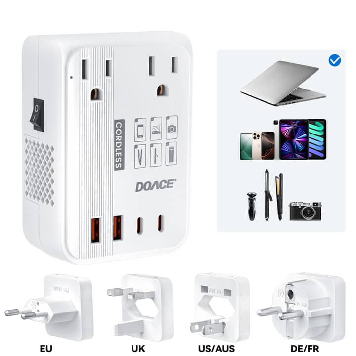 White DOACE LC-C30 voltage converter with EU, UK, US/AUS, and DE/FR plug adapters, compatible with laptops and travel electronics.