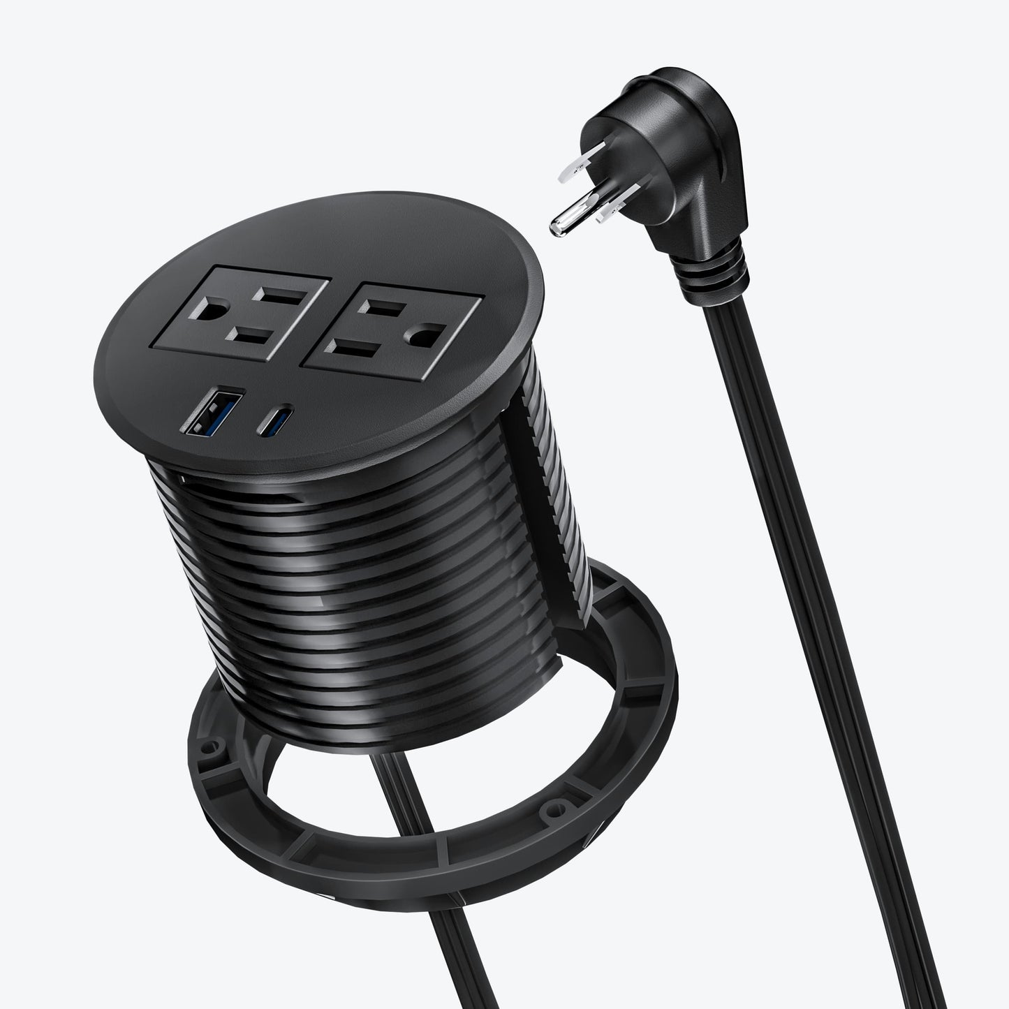 Black DOACE recessed power grommet with USB-C charging, dual AC outlets, and flat plug for desks or furniture installation.