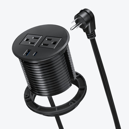 Black DOACE recessed power grommet with USB-C charging, dual AC outlets, and flat plug for desks or furniture installation.