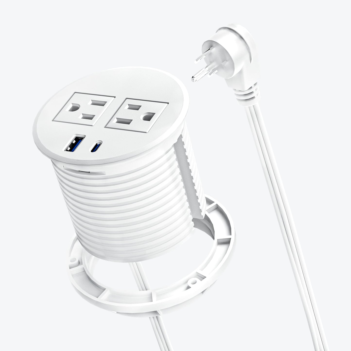 White DOACE recessed power grommet featuring USB-C fast charging, dual AC outlets, and compact design for modern workspaces.