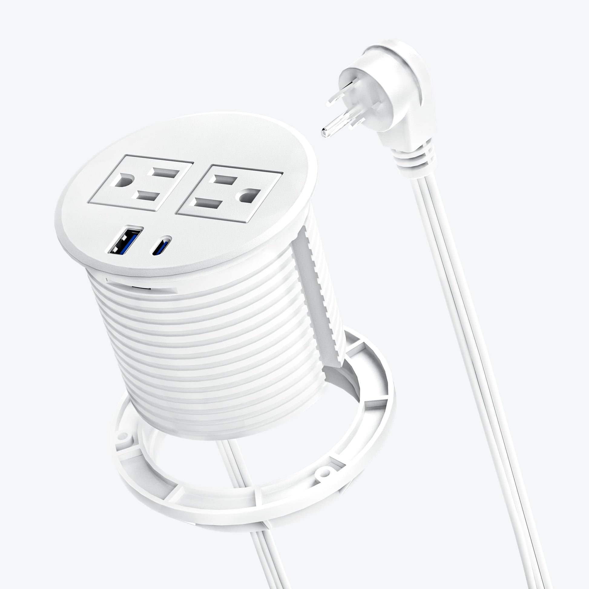 White DOACE recessed power grommet featuring USB-C fast charging, dual AC outlets, and compact design for modern workspaces.