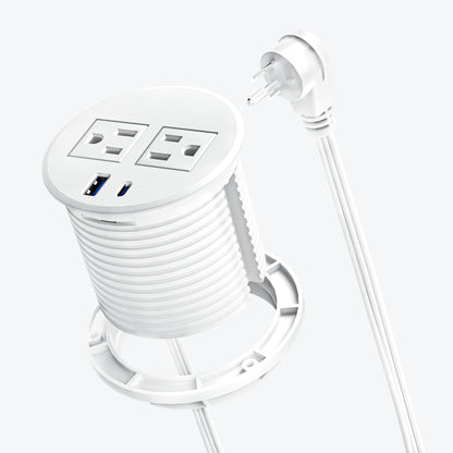 White DOACE recessed power grommet featuring USB-C fast charging, dual AC outlets, and compact design for modern workspaces.