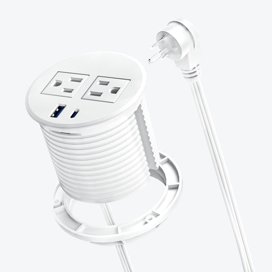 White DOACE recessed power grommet featuring USB-C fast charging, dual AC outlets, and compact design for modern workspaces.