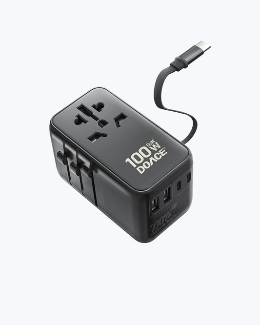 GaN 100W Travel Adapter with Built-in USB Ports featuring global plug compatibility, retractable Type-C cable, and 4 USB ports for worldwide charging.