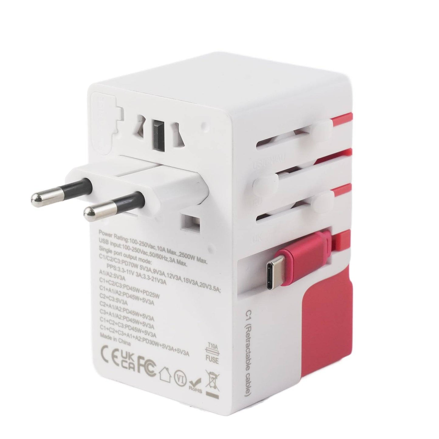 DOACE FC-T70C-1 | 3USB-C+2USB-A 70W GaN PD | QC3.0 Travel Adapter with Retractable USB-C Cable