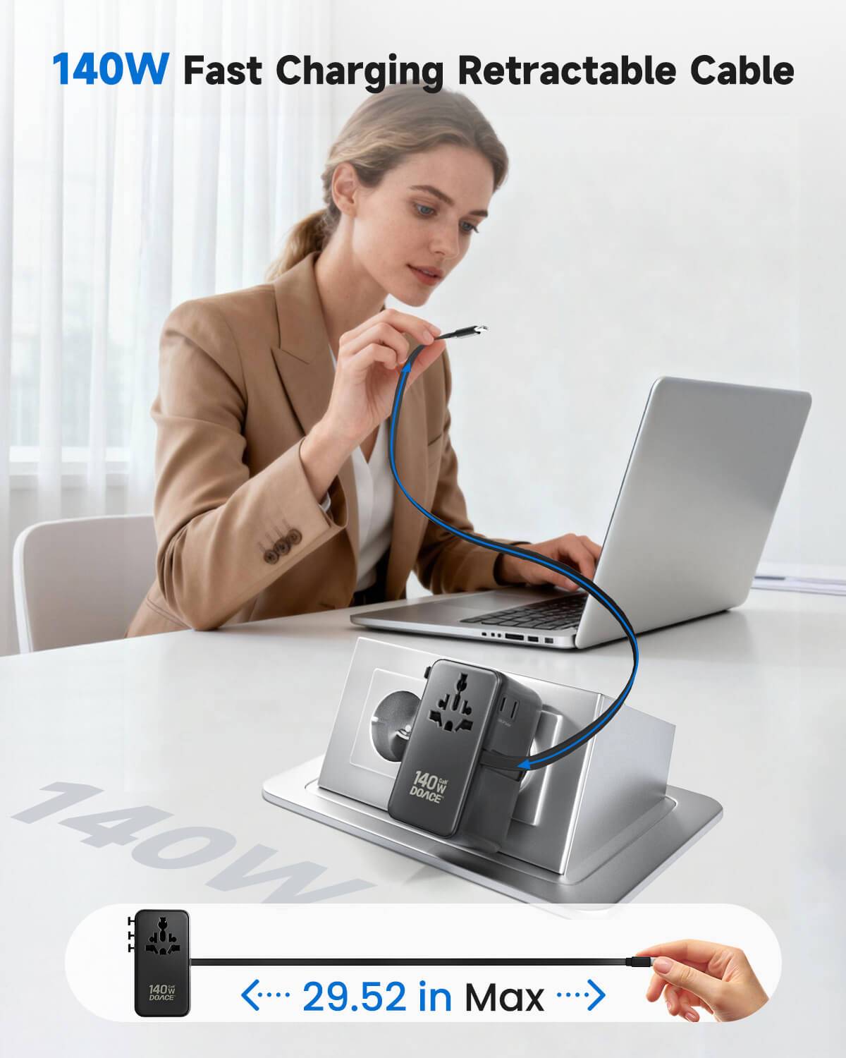 Businesswoman using DOACE 140W Universal Travel Adapter with 29.52-inch retractable USB-C cable for fast charging. Perfect for work and travel efficiency.
