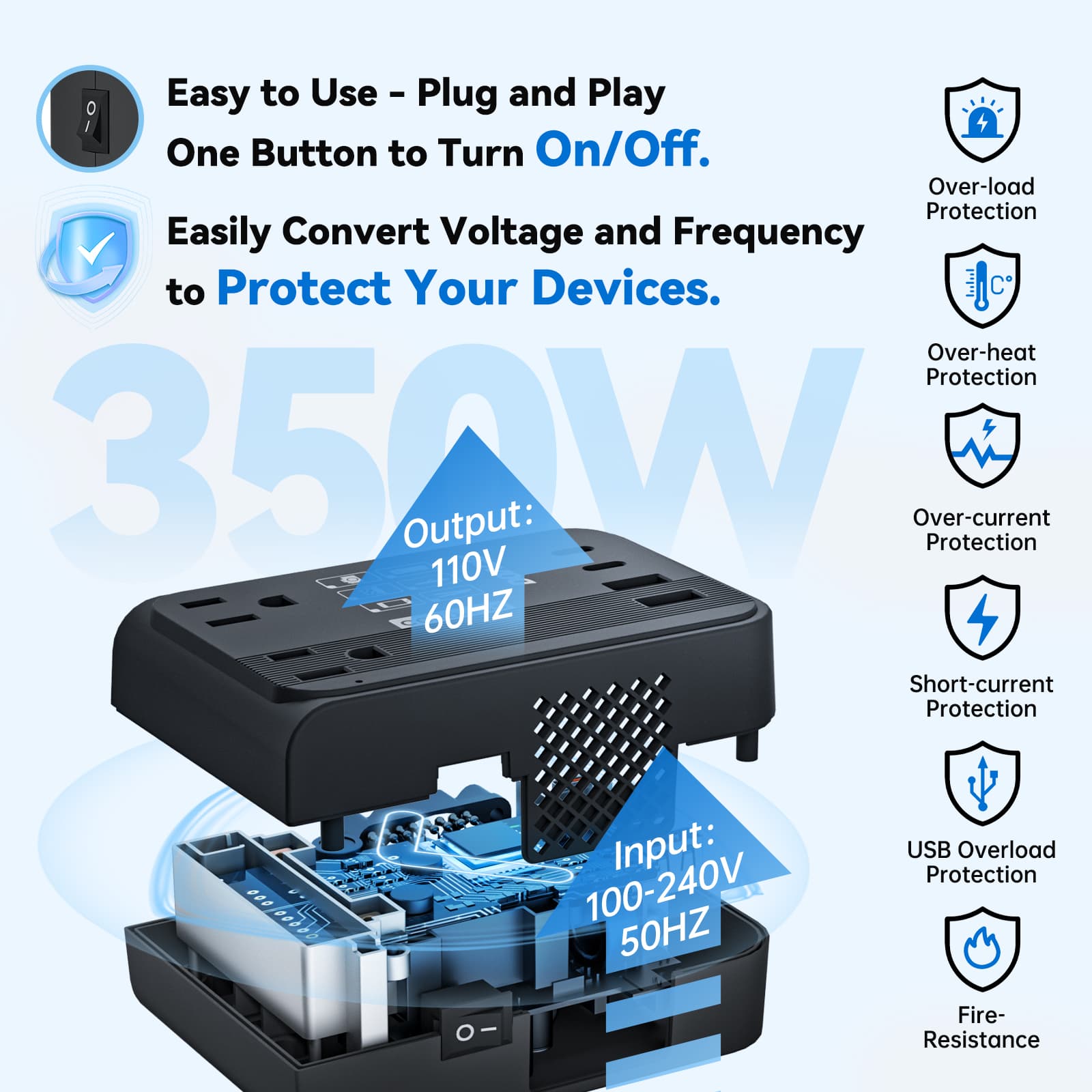 Exploded view of DOACE LC-C30 showing 350W power, voltage conversion from 100-240V to 110V, and multiple safety protections.