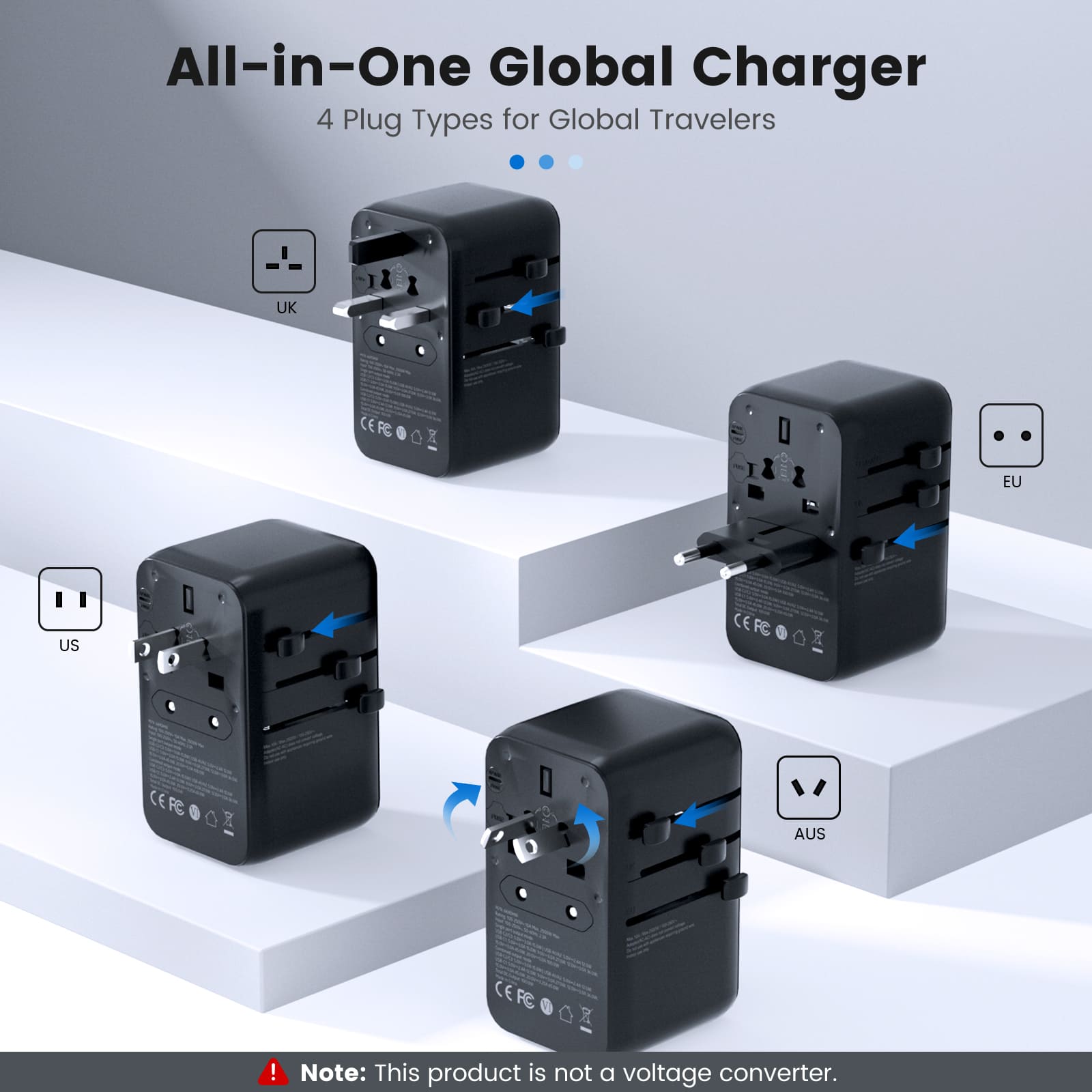 DOACE GaN 100W Travel Adapter with 4 interchangeable global plugs (US, UK, EU, AUS) for worldwide use. All-in-one charger for international travelers.