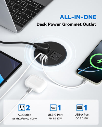 DOACE recessed power grommet with USB-C, USB-A, and dual AC outlets powering multiple devices on a desk setup.