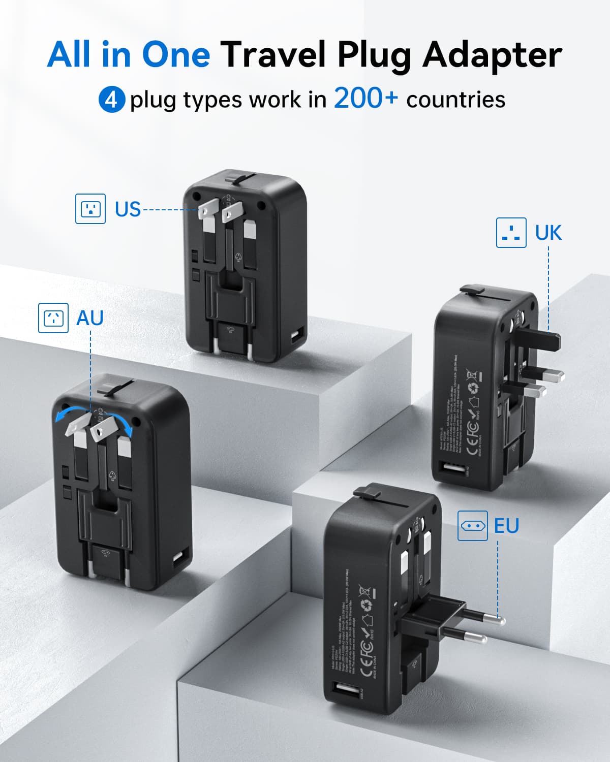 All-in-one travel plug adapter with multiple country plugs
