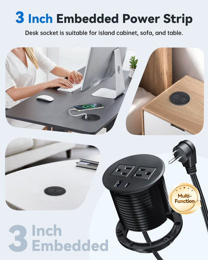 3-inch embedded DOACE power grommet installed in desk, cabinet, and sofa, showing versatile furniture integration.