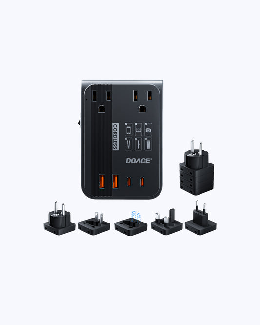 DOACE LC-C30 voltage converter with 6 worldwide plug adapters in black, ideal for international travel with 4 USB ports and dual AC outlets.