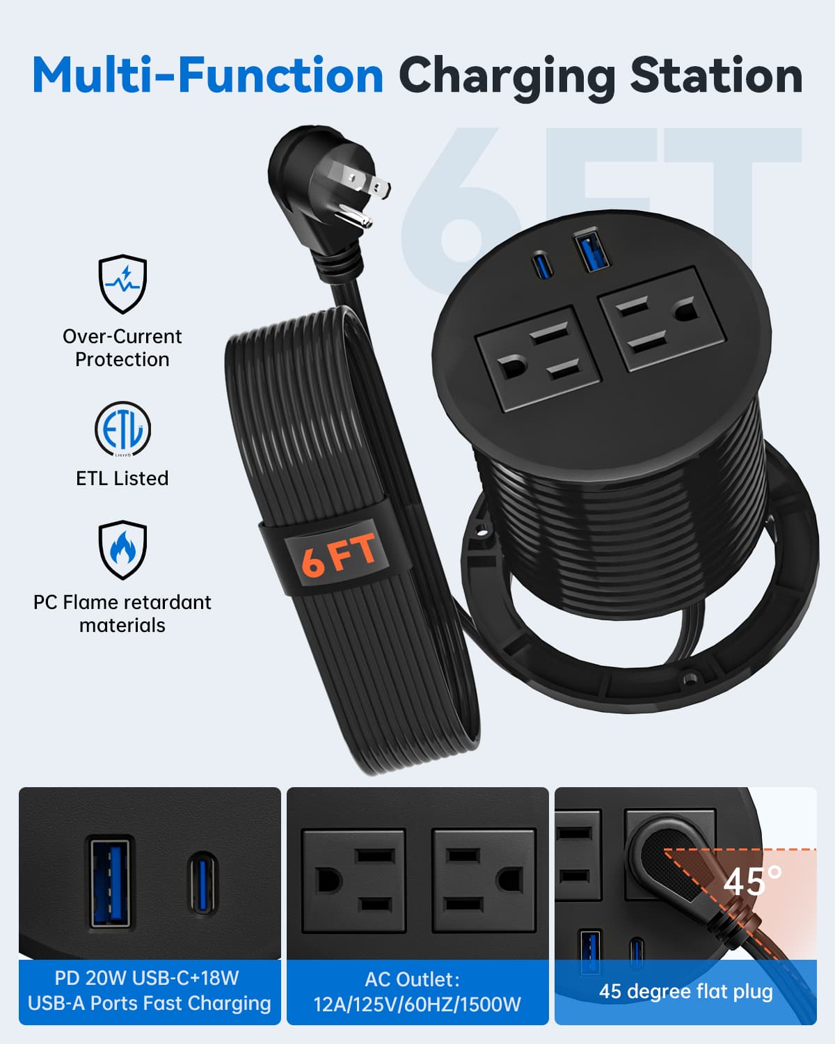 DOACE multi-function recessed power grommet with USB-C, USB-A, AC outlets, 6FT cord, and 45° flat plug for efficient charging.