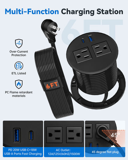DOACE multi-function recessed power grommet with USB-C, USB-A, AC outlets, 6FT cord, and 45° flat plug for efficient charging.