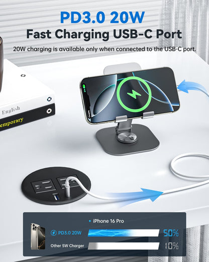 DOACE recessed power grommet with PD 3.0 USB-C port delivering 20W fast charging to iPhone 16 Pro on desk.