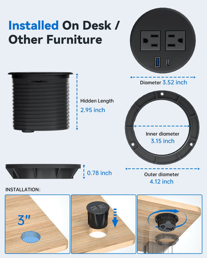 DOACE recessed power grommet installation guide showing dimensions and how to mount on desks or furniture surfaces.