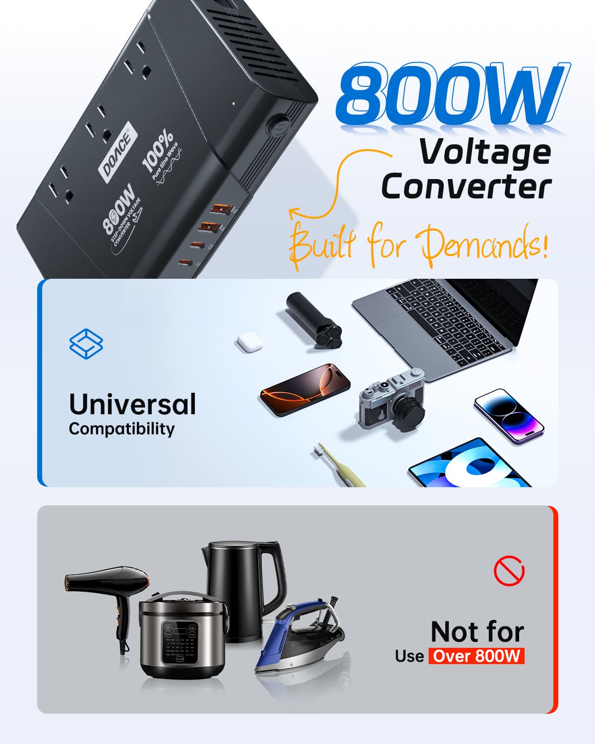 DOACE 800W Voltage Converter supports universal devices under 800W, not suitable for high-power appliances like irons or cookers.