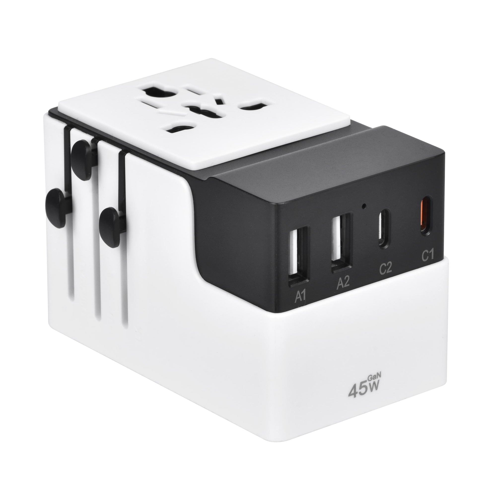 Angled view of DOACE FC-T45 GaN PD travel adapter highlighting USB ports and retractable plug system for worldwide compatibility.