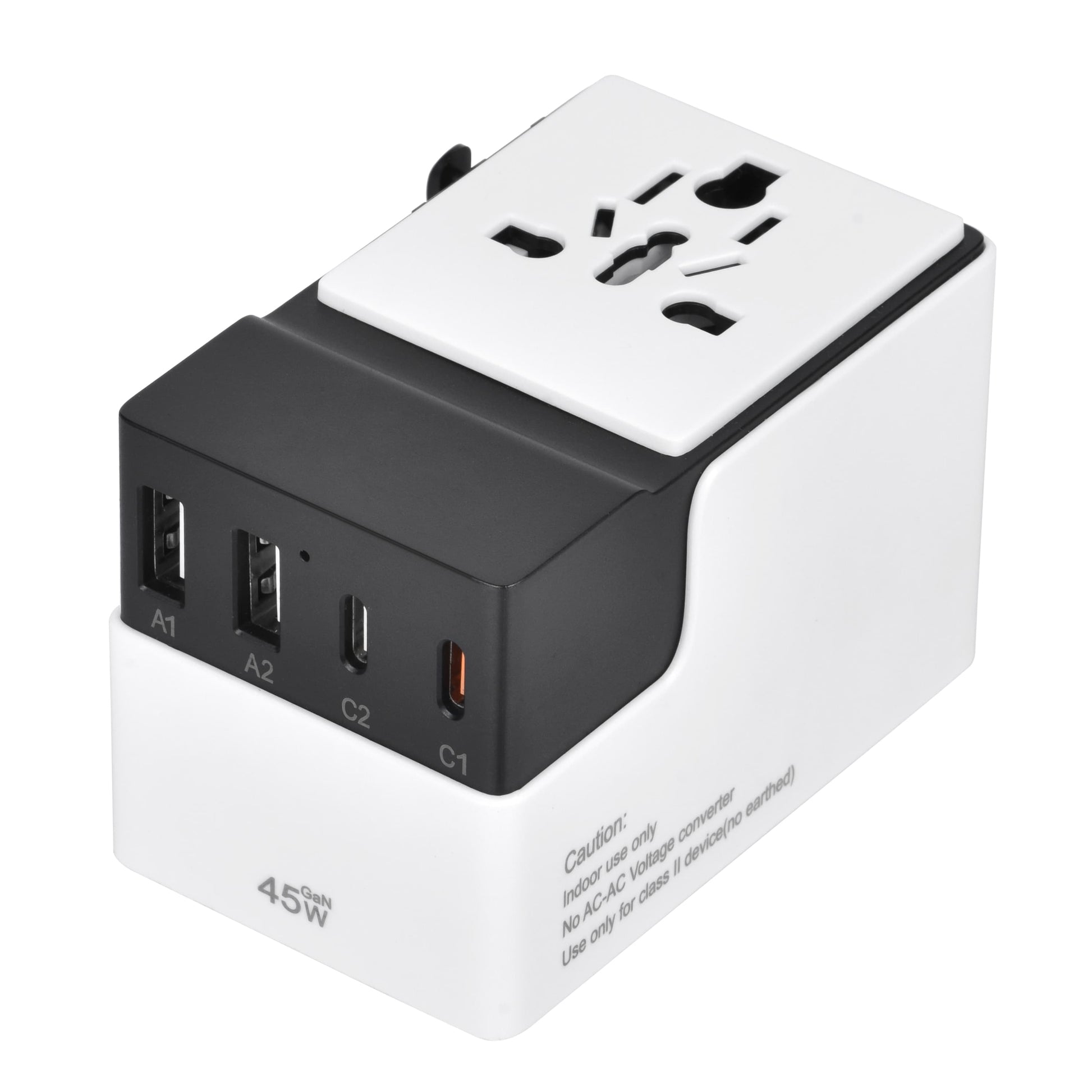 Close-up of DOACE FC-T45 universal travel adapter with 2 USB-C and 2 USB-A ports, 45W GaN PD fast charging capability and AC socket.