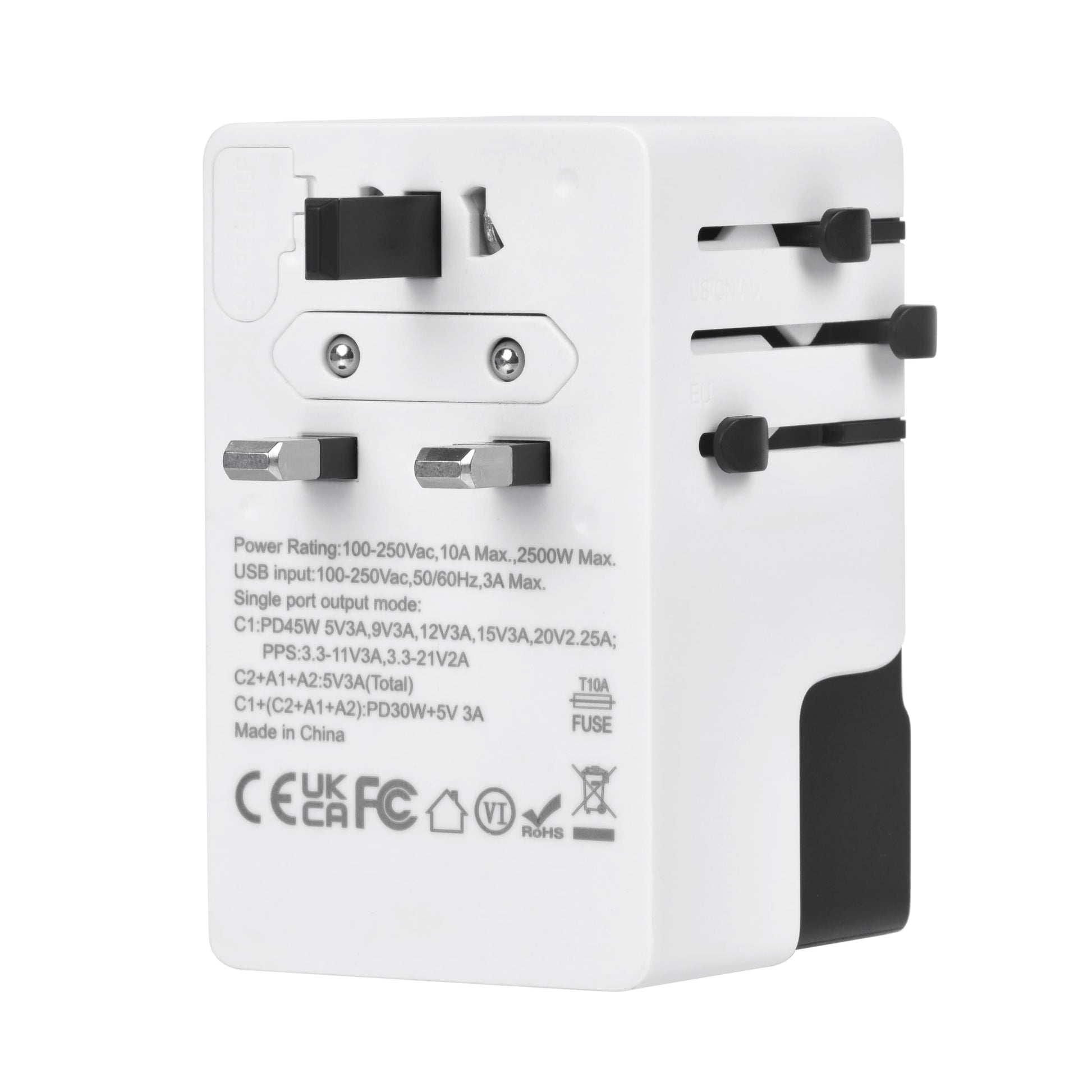 Side view of DOACE FC-T45 adapter showing retractable plug system and printed power specifications for international travel use.