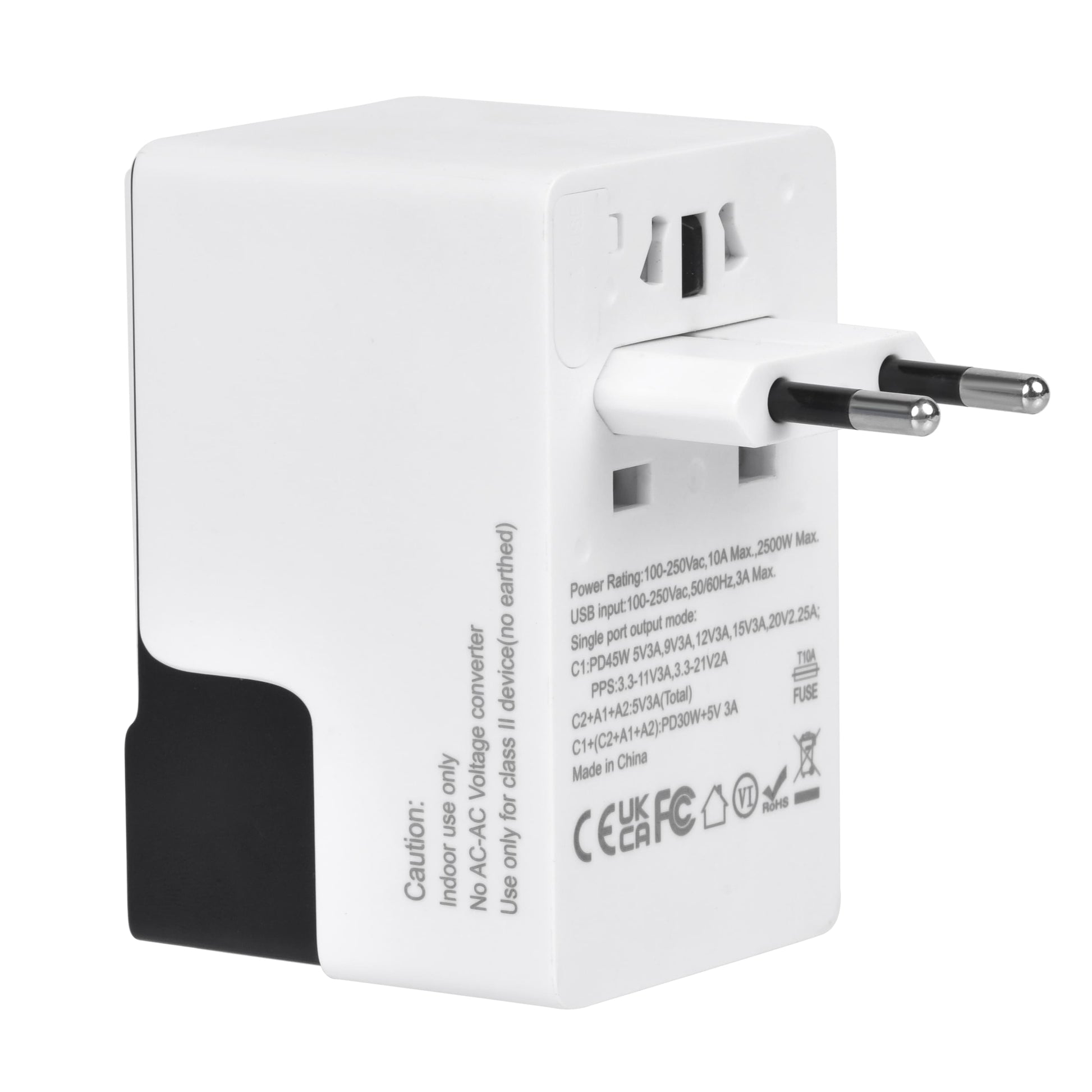 DOACE FC-T45 travel adapter with extended European plug, labeled power ratings and USB output modes for efficient charging abroad.