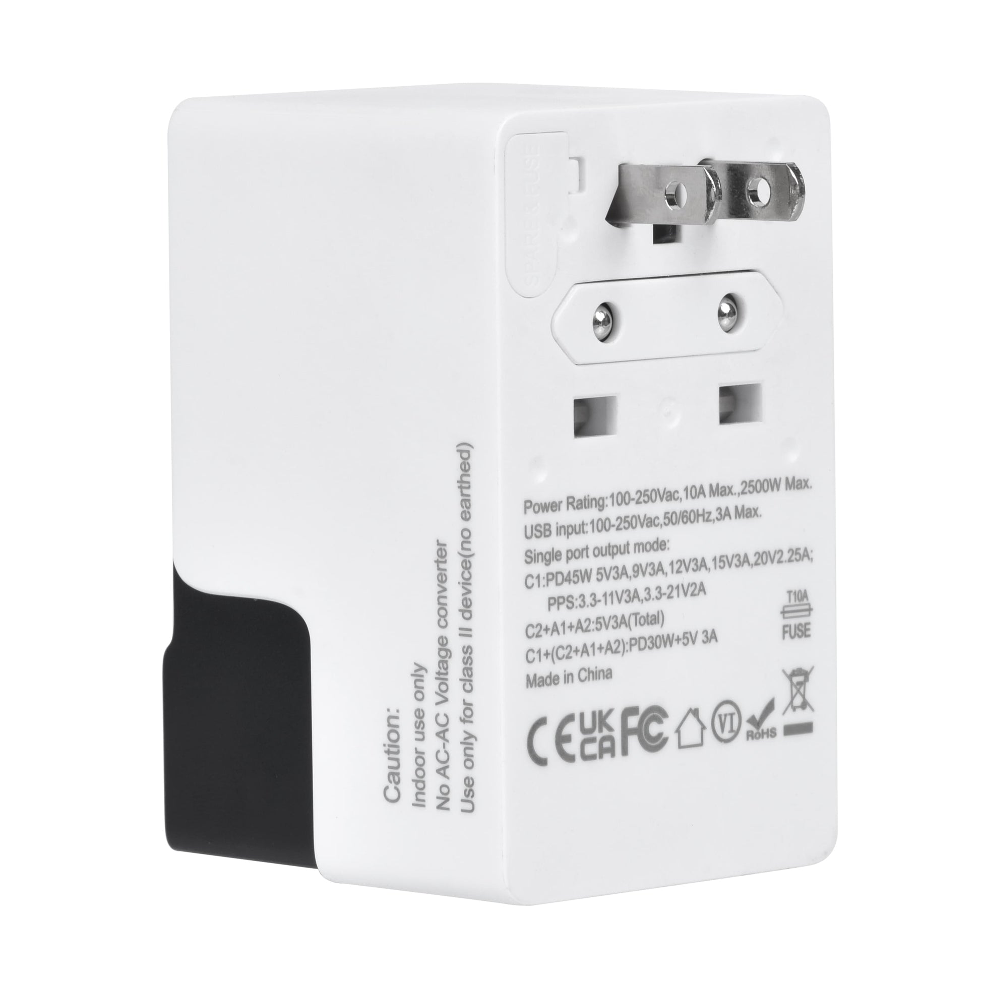Rear side of DOACE FC-T45 45W GaN PD adapter with visible plug prongs, voltage ratings, and compliance markings for safe global use.