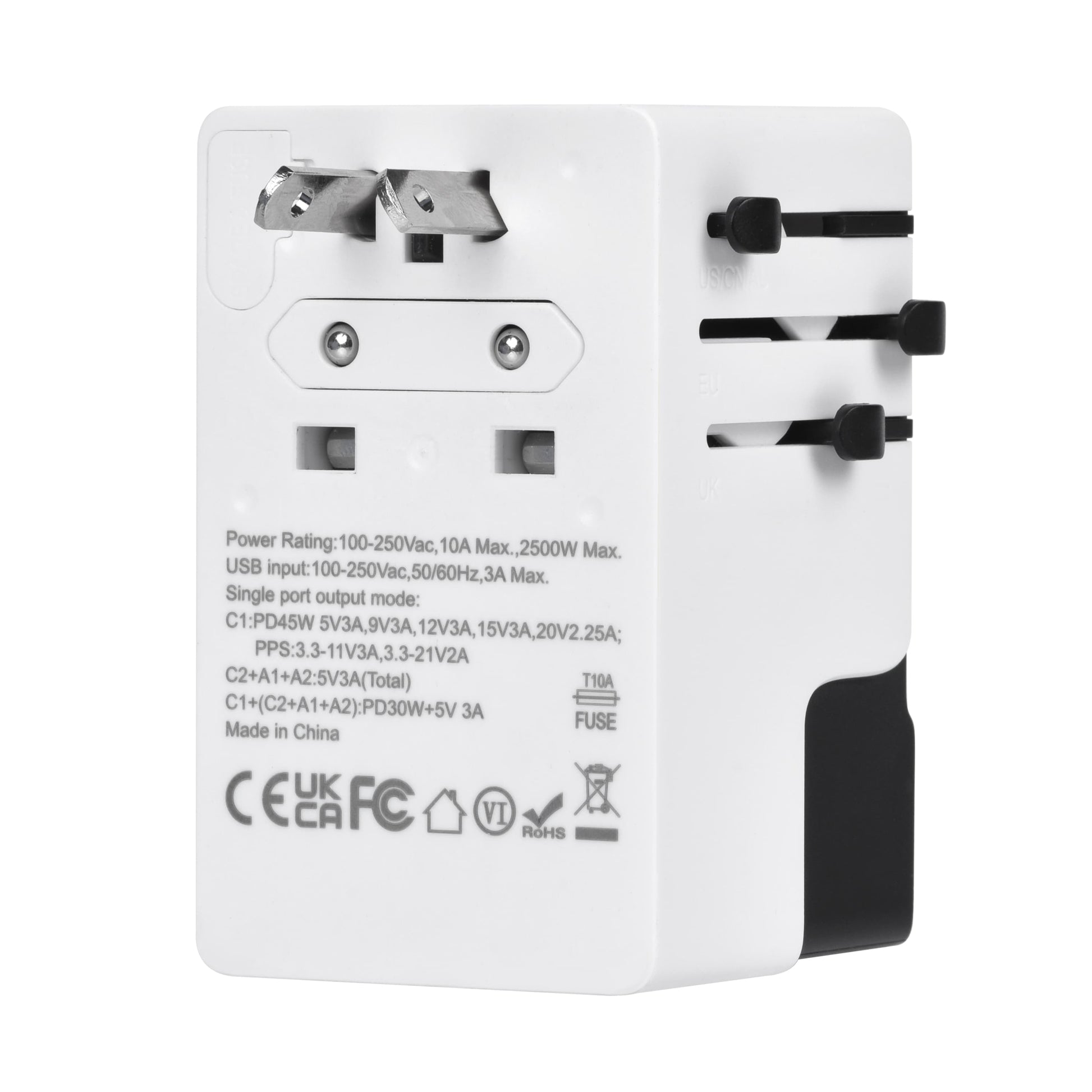 Back view of DOACE FC-T45 travel adapter showing technical specifications, safety certifications, and retractable plug system.