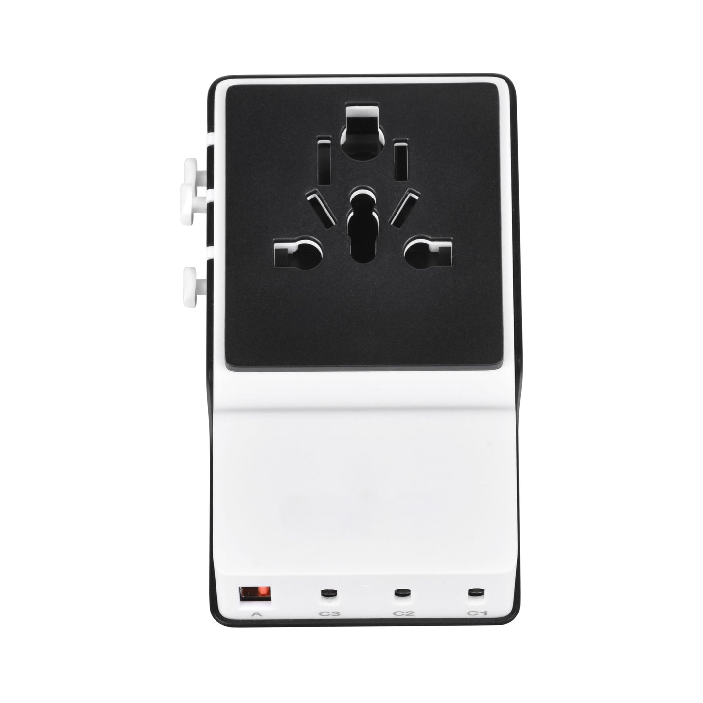Top view of DOACE FC-T100 GaN travel adapter showing universal AC socket and 4 charging ports for worldwide use.
