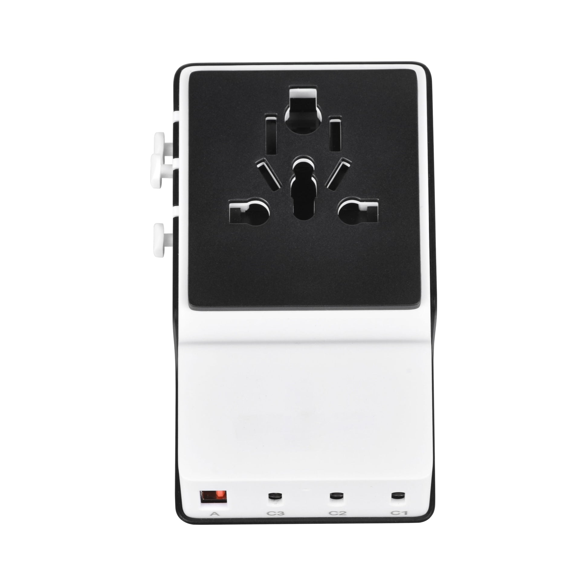 Top view of DOACE FC-T100 GaN travel adapter showing universal AC socket and 4 charging ports for worldwide use.