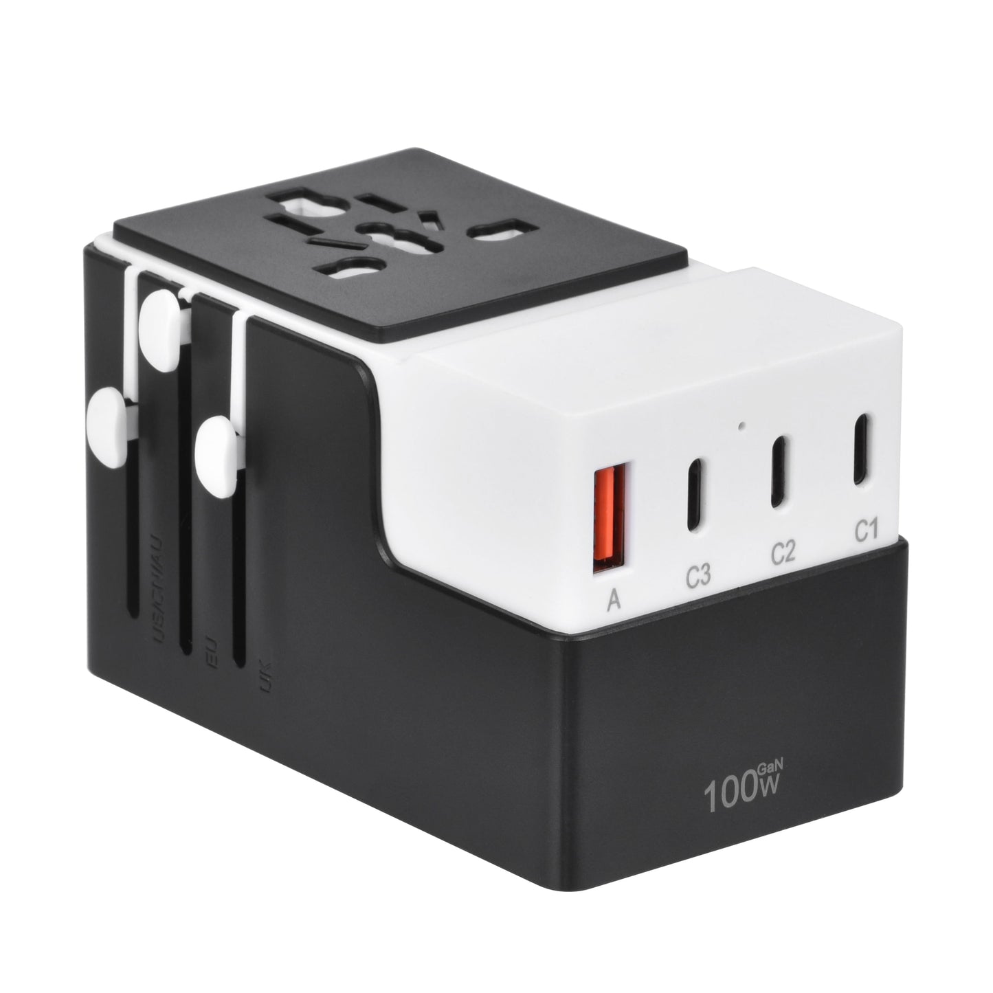 Angled view of DOACE FC-T100 100W travel adapter with USB-C and USB-A ports, ideal for fast charging multiple devices abroad.